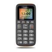 Кнопочный мобильный телефон Texet TM B115 в черном цвете с оранжевой вставкой. Вид спереди.
